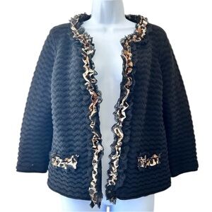 CHICOS Black Textured Cardigan Sweater Blazer Animal Print Lace Ruffle Trim